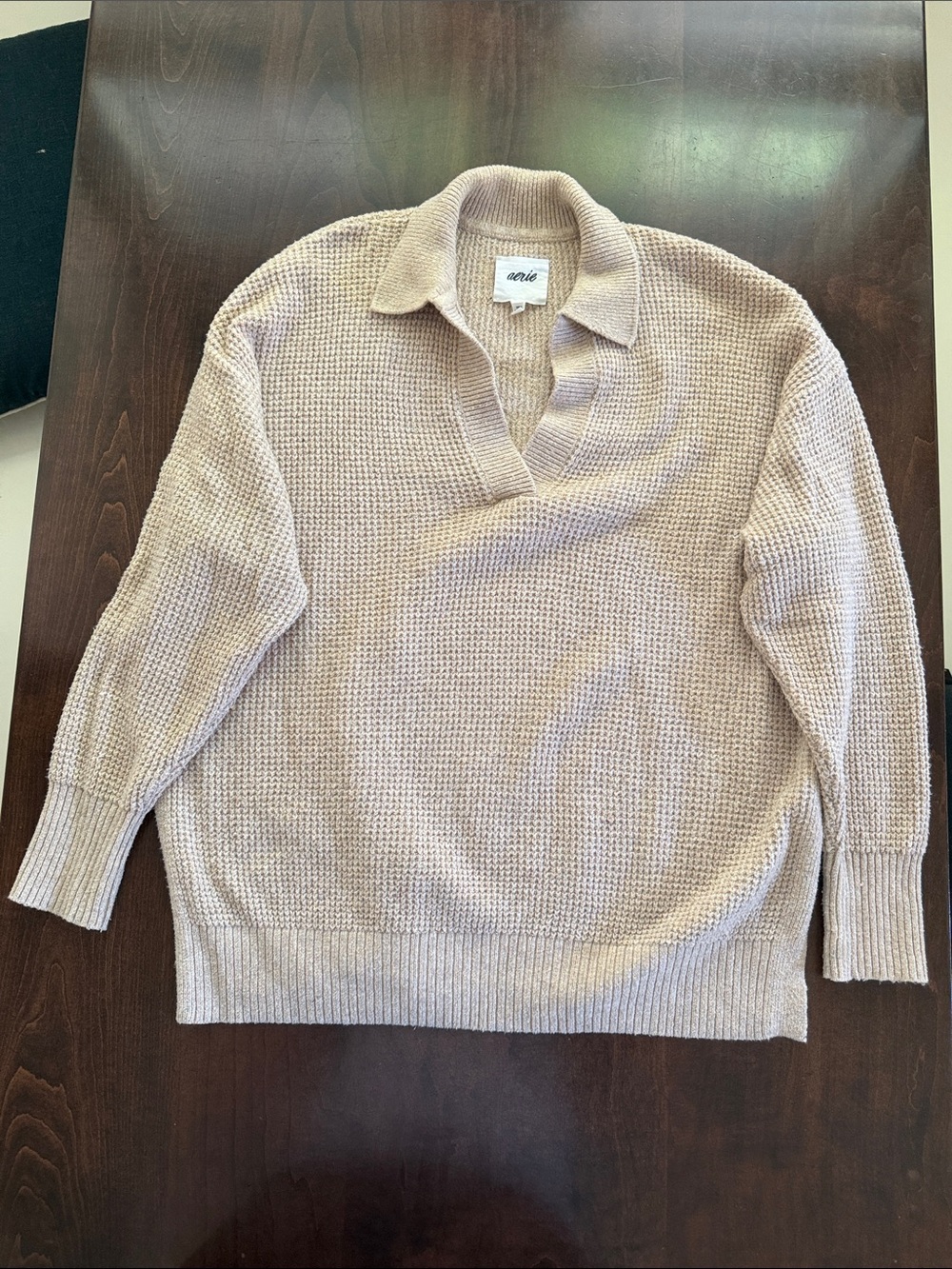Aerie Neutral Beige Waffle-Knit Polo Sweater